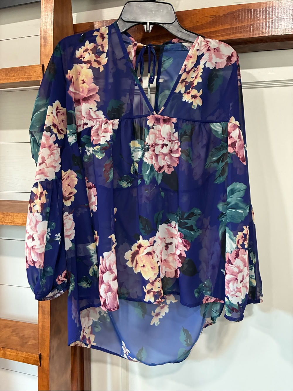 Peach Love California Navy Blue Floral Tie-Back Chiffon Blouse